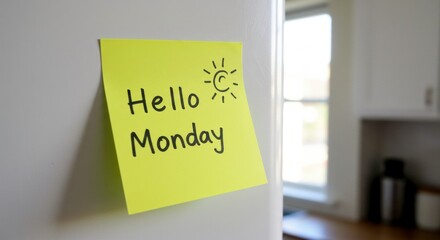 Hello Monday start fresh new week positive vibes kitchen fridge note