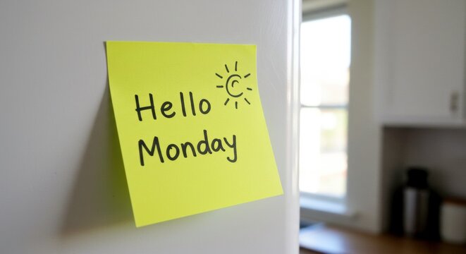 Hello Monday start fresh new week positive vibes kitchen fridge note