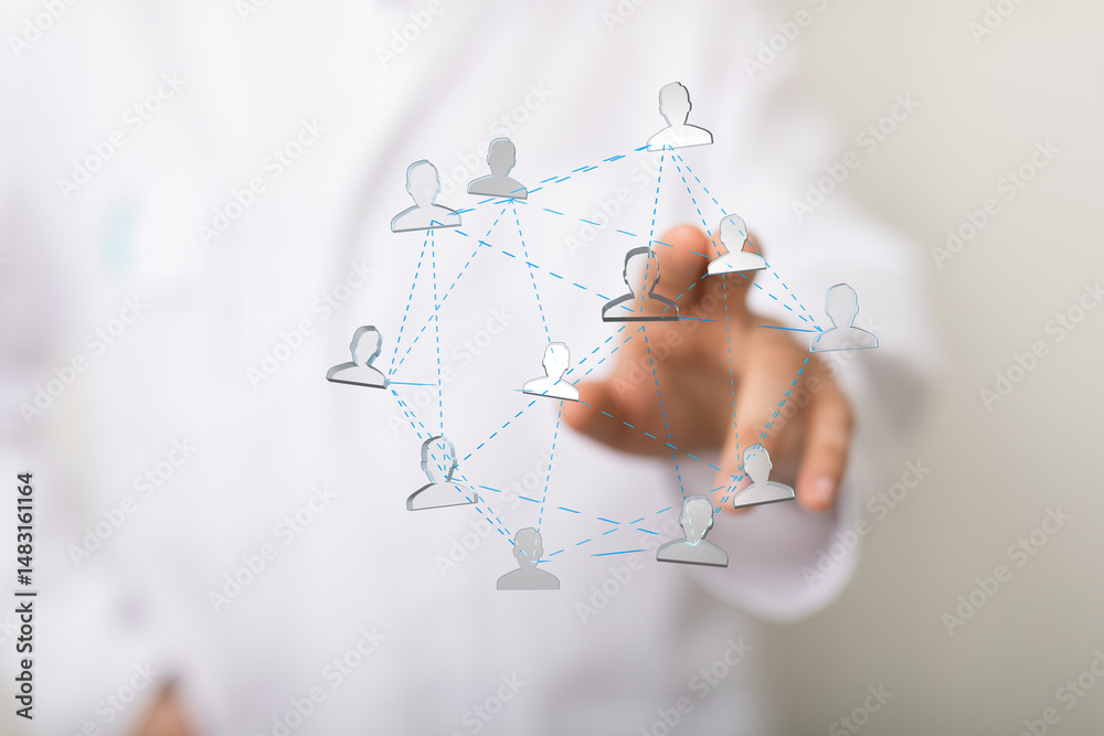 Aufkleber hand interacting with a network of people, symbolizing global connections and teamwork.