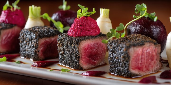 Fine Dining Concept. A beautiful presentation of black pepper crusted beef tenderloin garnished with radish and beet, showcasing culinary artistry and gourmet flavors for an upscale dining experience.