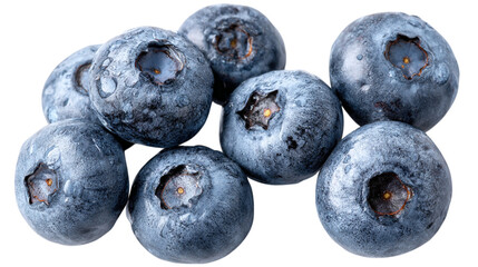 Closeup of fresh juicy blueberries isolated on macro photography of sweet berries delicious healthy food image wet on transparent background
