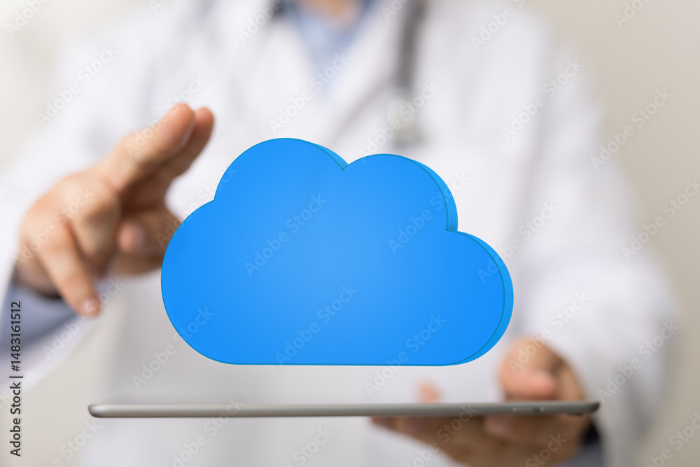 Poster healthcare professional interacts with a digital cloud symbol on a tablet, representing secure data 
