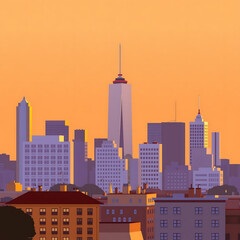 Obraz premium Stylized City Skyline at Golden Hour with Warm Tones and Soft-Edged Cartoon Buildings