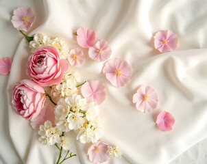 Pink and White Flowers Arranged on Soft White Fabric Background
