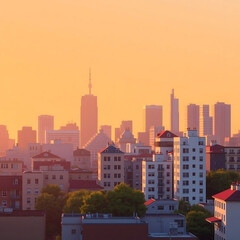 Obraz premium Stylized City Skyline at Golden Hour with Warm Tones and Soft-Edged Cartoon Buildings