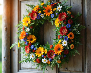 Rustic floral wreath with colorful daisies hanging on wooden door in summer garden

