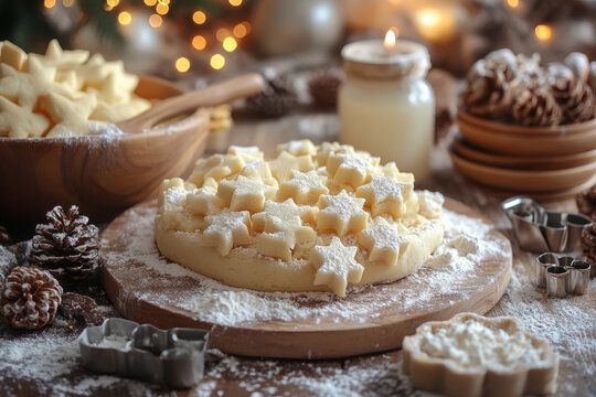 Dough rolled on cutting board, bowl of cookies beside.