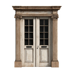 Double vintage French doors with glass panes, distressed white wood, ornate trim, romantic old-world feel, on transparent background