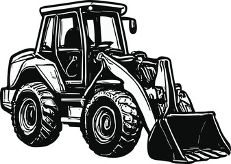 Naklejka premium Black-and-white line drawing of a front-facing tractor with large wheels and a prominent front blade, designed for heavy-duty construction and farming tasks, symbolizing strength and utility