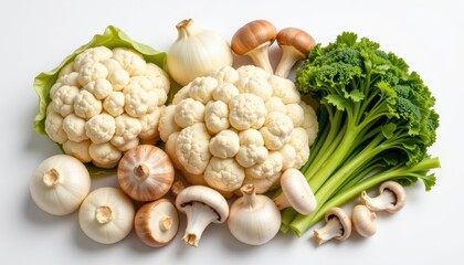 assorted white vegetables and mushrooms arranged on a white background. cauliflower, onions, mushrooms, celery, and broccoli in a monochrome food composition