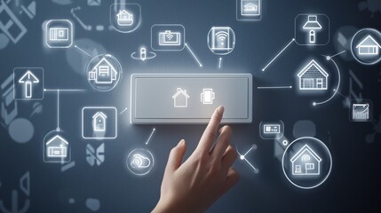 Fototapeta premium view of an adult hand reaching for a smart wall switch surrounded by icons representing efficient home energy management systems [Electric switch]:[hand] energy saving smart switch home energy 