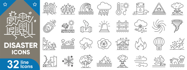 Disaster icons set. Earthquake, flood, tsunami, hurricane, tornado, wildfire, landslide, volcano eruption, drought, avalanche, thunderstorm, hailstorm emergency symbols and more. Vector illustration