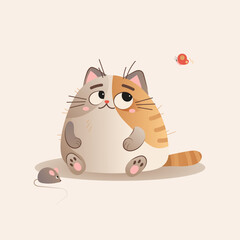 Cute cartoon cat looking at butterfly with toy mouse