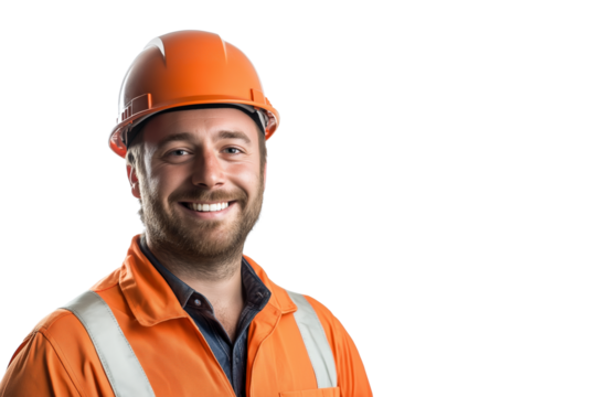 A smiling male construction worker wearing helmet, isolated on transparent background