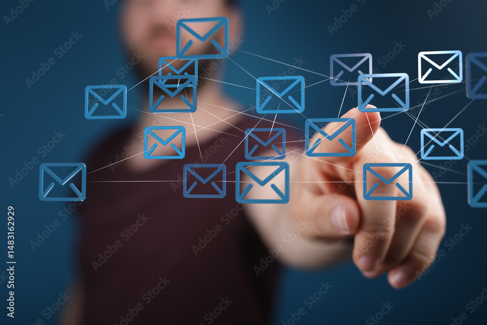 Aufkleber Hand interacting with a network of email icons, representing global communication and connectivity.