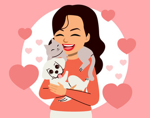 Cartoon illustration of a young woman embracing her beloved cat and dog. A tender and heartwarming moment celebrating the joy of fur babies and pet companionship