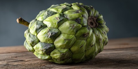 Obraz premium Close-up of a cherimoya fruit on a rustic wooden surface. The fruit's unique texture and vibrant green color are highlighted against a muted background.