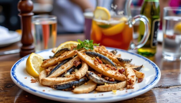 fried white anchovies boquerones fritos refreshing pitcher rebujito sherry soda traditional andalusian tapa drink feria de abril