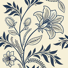 Elegant navy floral pattern on cream background for textiles and decorative design
