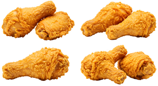 set of 4 Crispy Fried Chicken Drumsticks Isolated on White background, Golden Crunchy Fried Chicken Pieces on white background, crispy fried chicken pieces