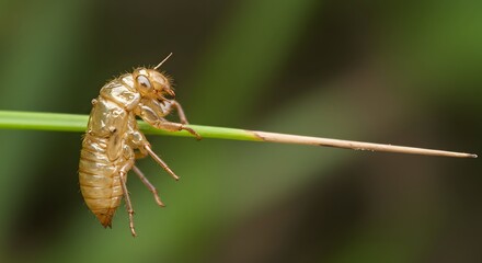 Naklejka premium Cicada Exoskeleton Resting on Grass Blade Macro View