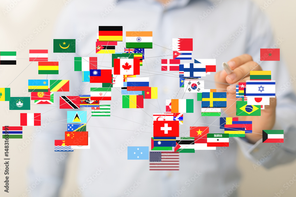 Poster flags of many countries interconnected, symbolizing global collaboration and international relations