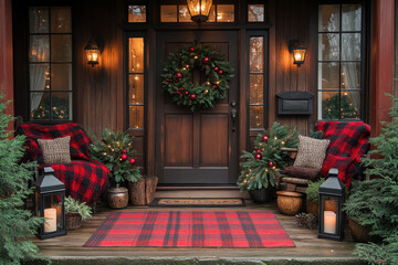 Red and black plaid Christmas porch with matching rug.