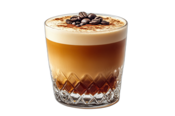 Glass filled with coffee and coffee beans isolated on transparent background.