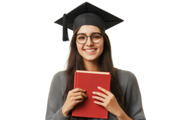 Portrait of a smiling young female college student wearing square academic cap and holding book, isolated on transparent background