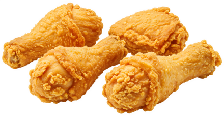 set of 4 Crispy Fried Chicken Drumsticks Isolated on White background, Golden Crunchy Fried Chicken Pieces on white background, crispy fried chicken pieces