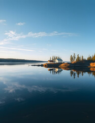 Obraz premium Shimmering waters mirror the tranquil bay of Kizhi Island in Karelia, hyperrealism. with white shades