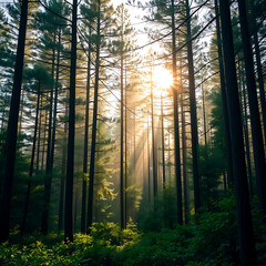Obraz premium Ultra-Realistic Summer Forest with Sunlight Filtering Through Tall Pines