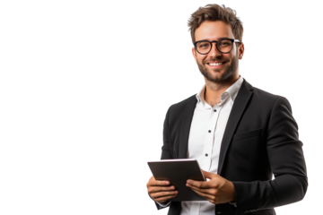 Entrepreneur Holding Tablet, Isolated on White