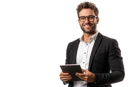 Entrepreneur Holding Tablet, Isolated on White