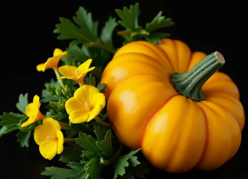 fresh organic squash with flowers and foliage isolated on black background