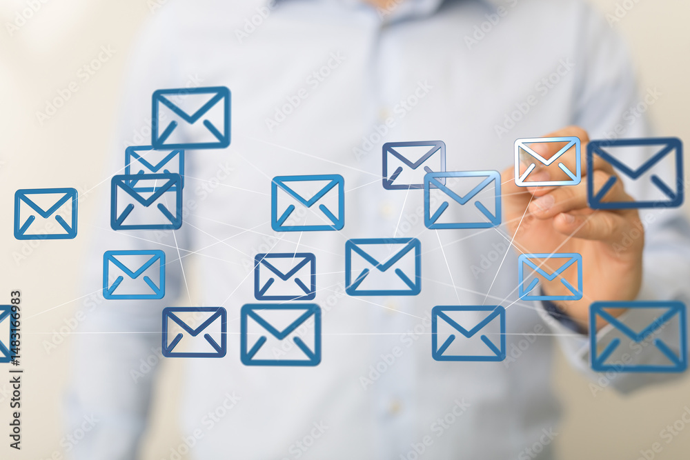 Aufkleber a person interacts with a digital network of email icons, representing global communication and conn