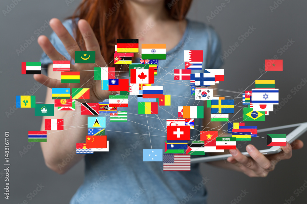 Poster woman interacting with a digital network of world flags, symbolizing global collaboration and commun