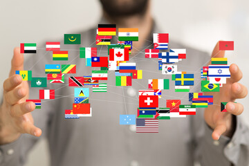 Image of interconnected flags representing global collaboration and international relations.
