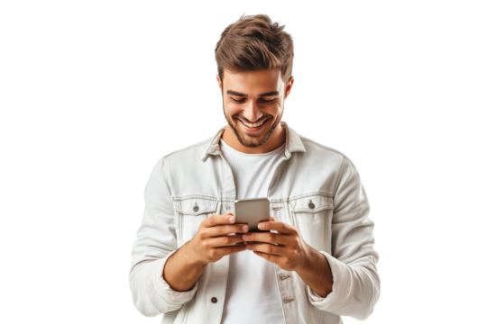 Smiling Man Texting on Smartphone Isolated

