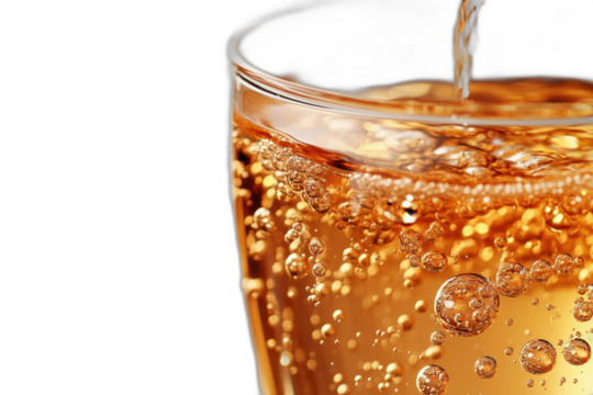 Clear glass filled with sparkling liquid and rising bubbles, isolated on transparent background.