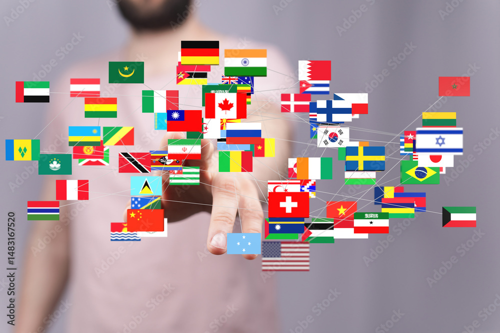 Poster image of interconnected flags symbolizing global business, international relations, or world unity.