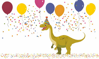Cheerful brachiosaurus wearing a party hat amidst colorful balloons and confetti, celebrating a special occasion