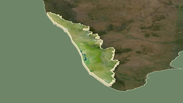 Kerala, India, extruded. Satellite map