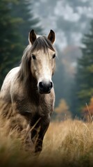 Obraz premium Majestic gray horse walking through tall grass in a forest during autumn sunlight