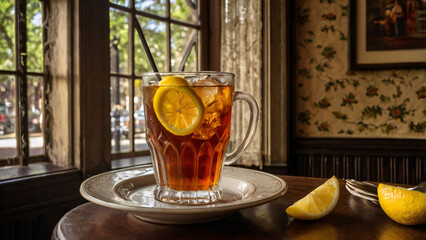 Southern sweet tea served hot with lemon, captured in a historic cafe in Savannah, Georgia, with lace curtains and antique decor.