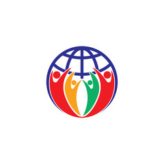 People group with globe icon, community of different nationalities, world coalition