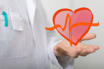 Image of a doctor's hand presenting a heart with a heartbeat graphic. Ideal for medical,...