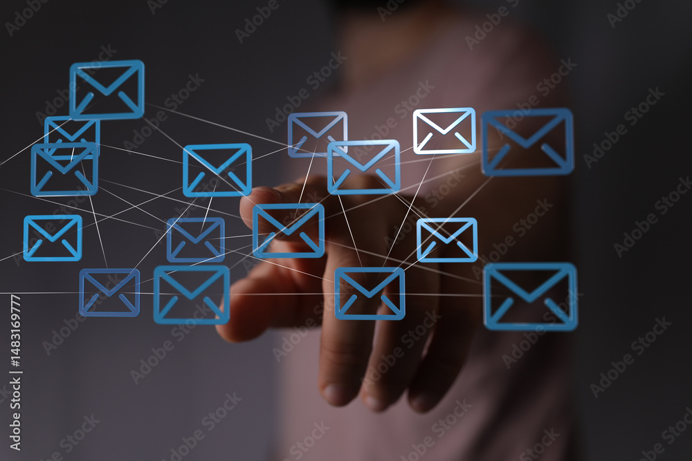 Poster hand pointing at digital email network. concept for global communication, teamwork, and connection.