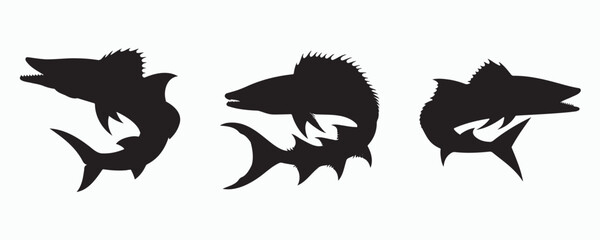 Silhouettes of three stylized barracudas with fierce expressions, jagged fins, and sharp teeth—ideal for logos, mascots, or aggressive marine-themed designs.