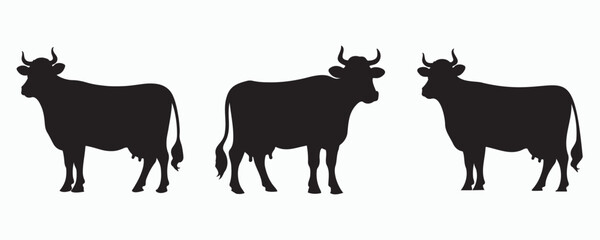 Silhouettes of three cows standing in different poses, isolated on a white background, depicting livestock in a simple, minimalist style.